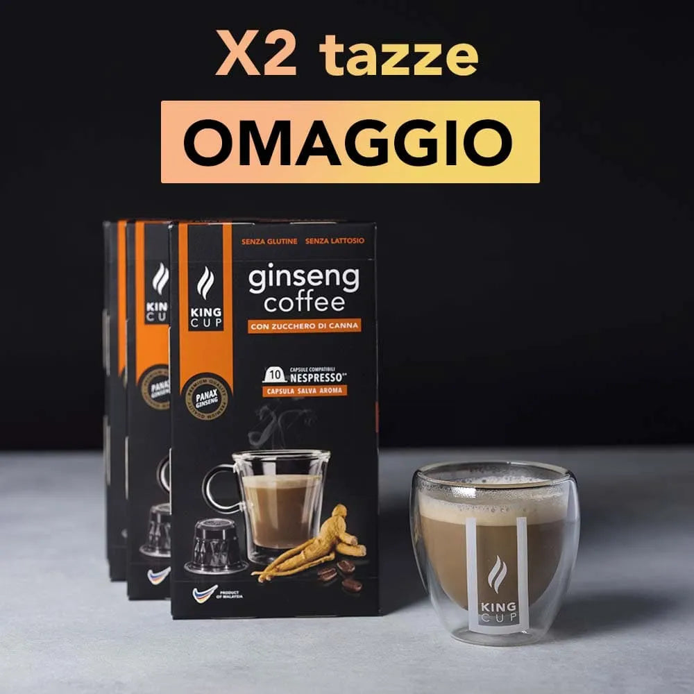 2 tazzine omaggio + 100 capsule Ginseng Coffee Con zucchero di canna Nespresso®*