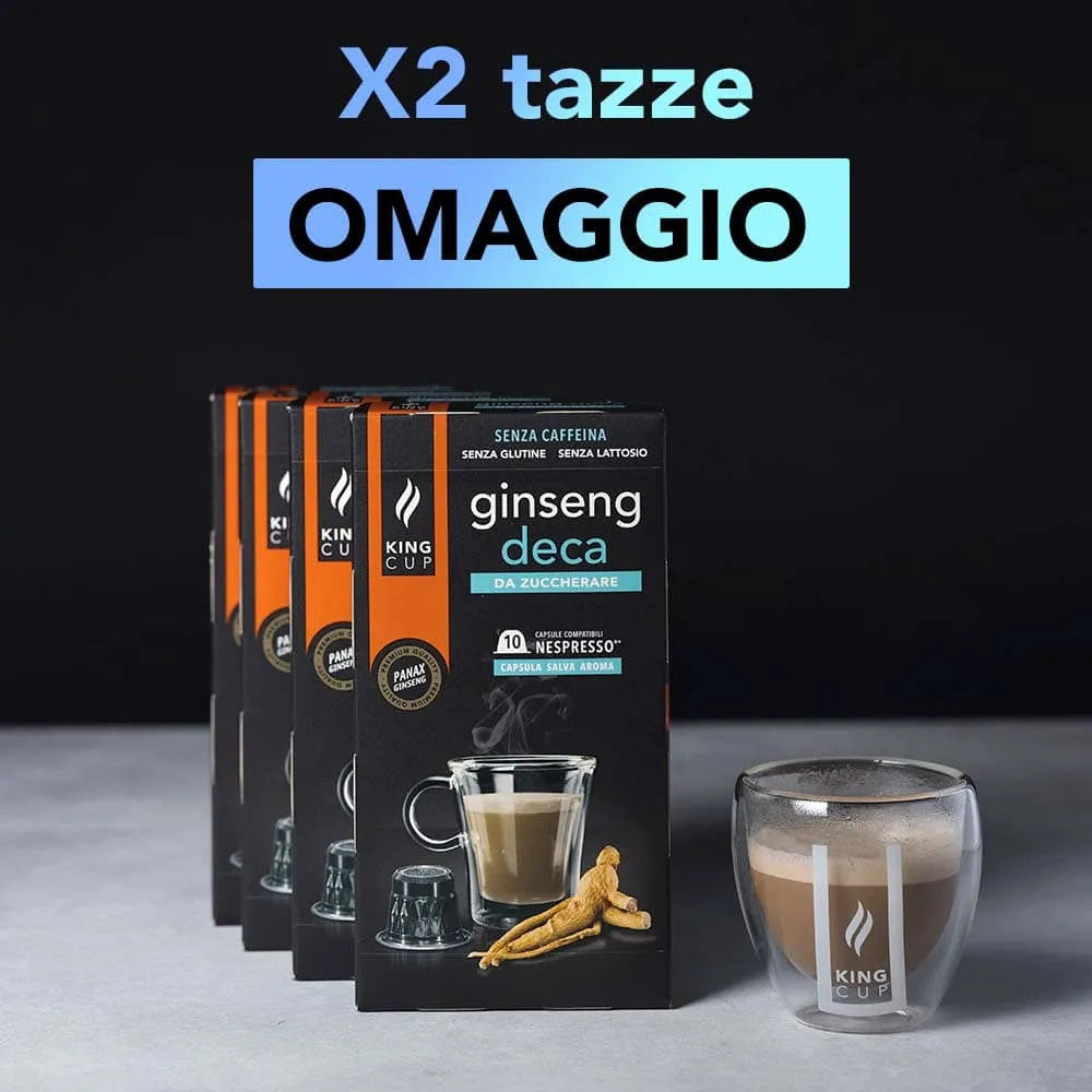 2 tazzine omaggio + 100 capsule Ginseng Coffee Deca Nespresso®*