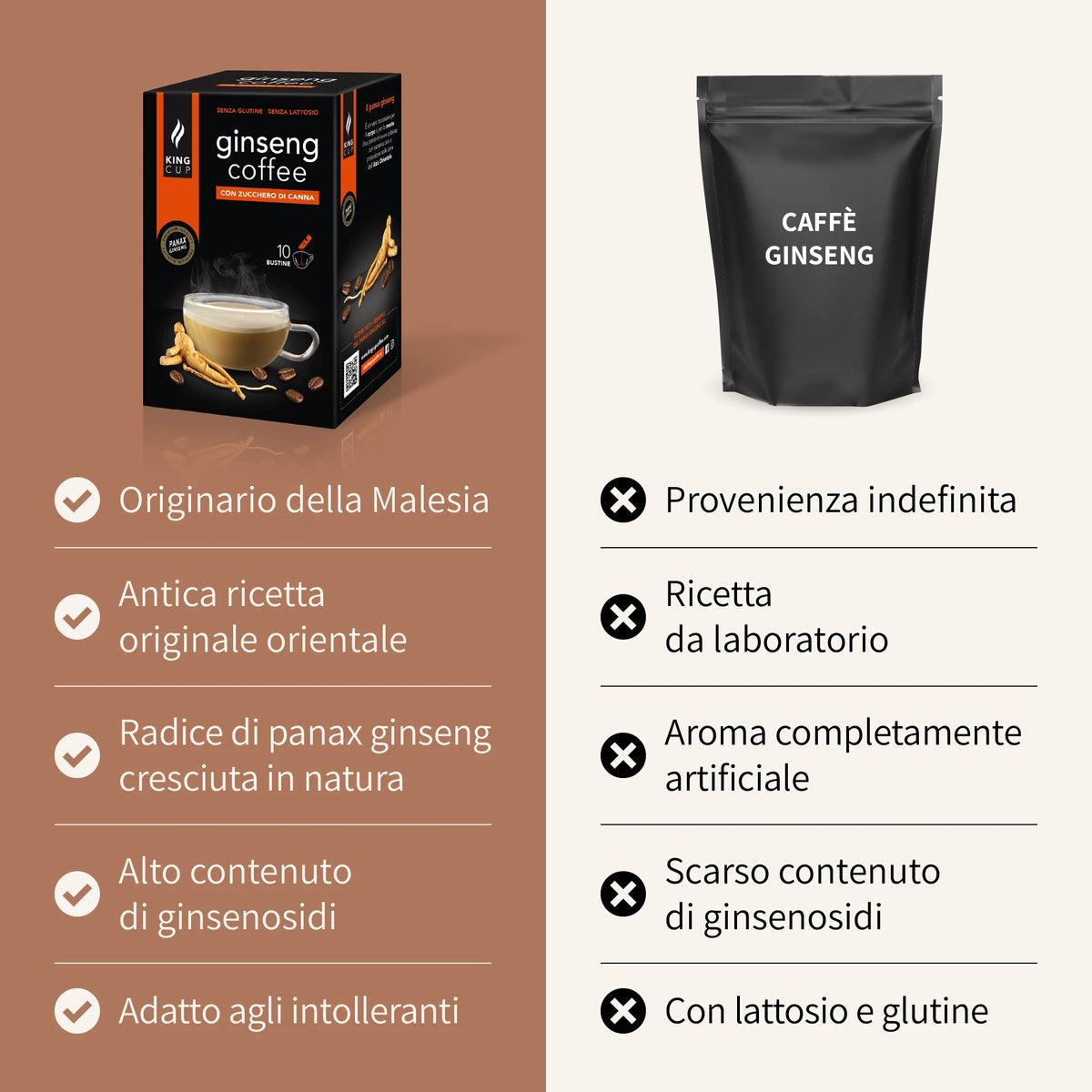 Caffè al Ginseng - 10 bustine solubili con Zucchero di Canna